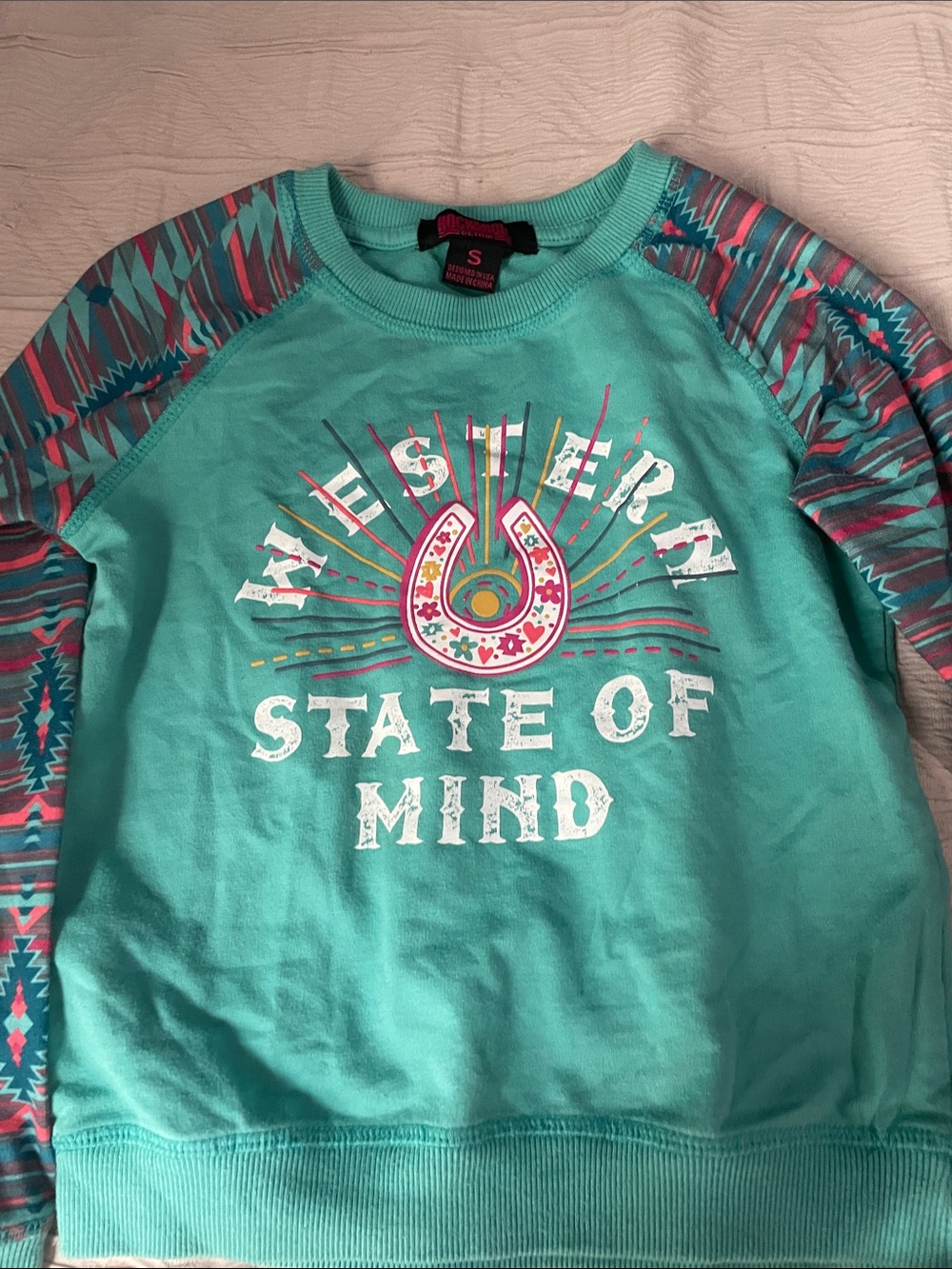 Miss Me Teal Graphic Sweatshirt with Multicolor Aztec Sleeves